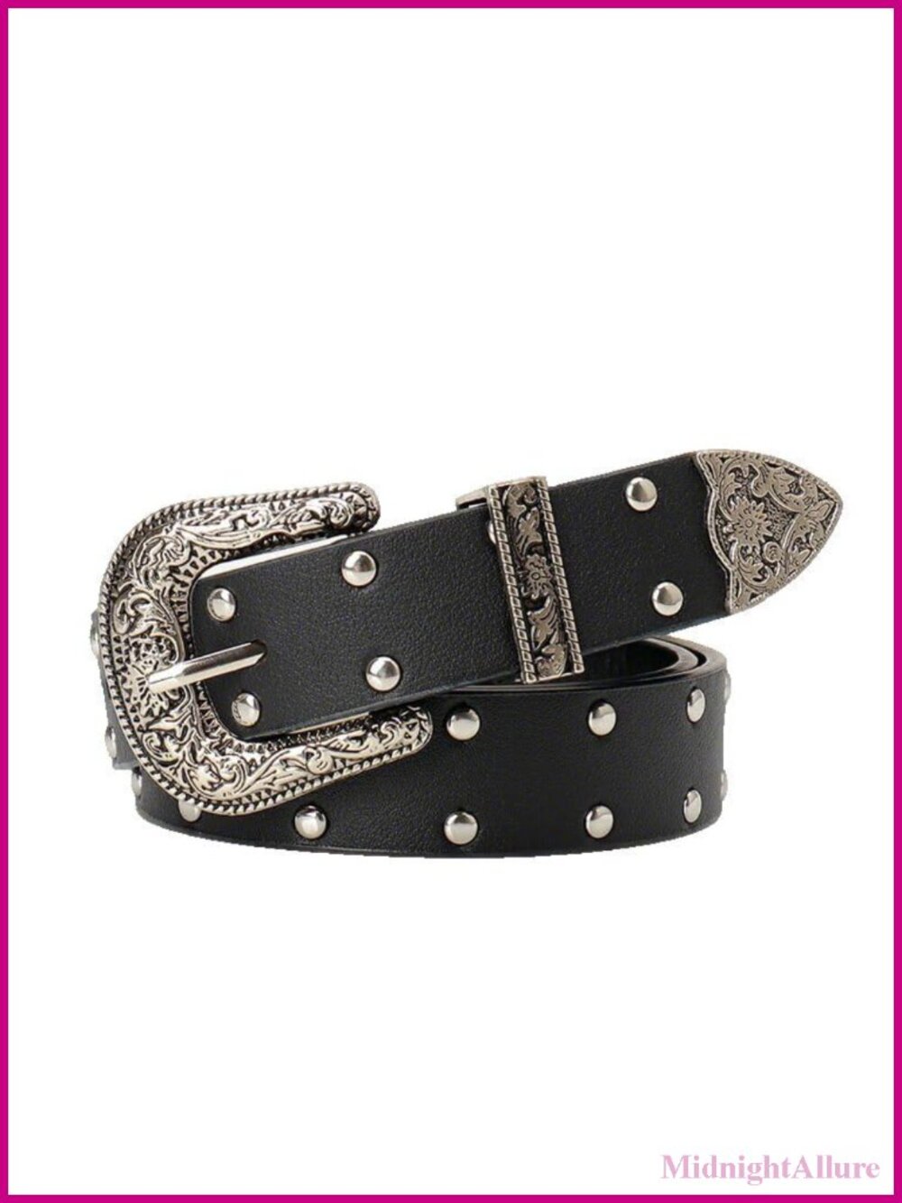 Women's Western PU Leather Belt with Carved Buckle Rivet